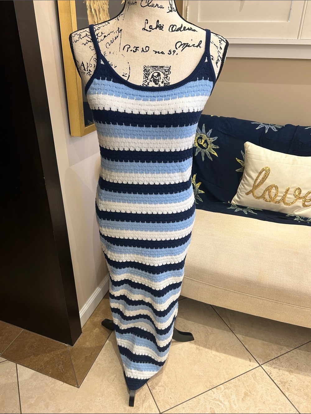 SHEIN Navy Light Blue White Striped Crochet Maxi Dress